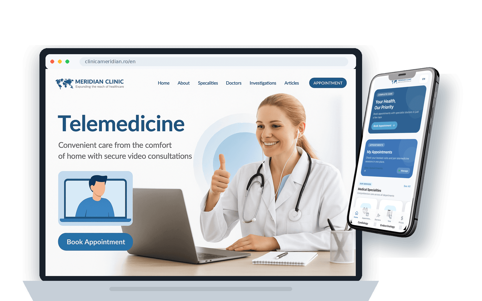 Meridian Clinic web ve mobil sağlık platformu görünümü